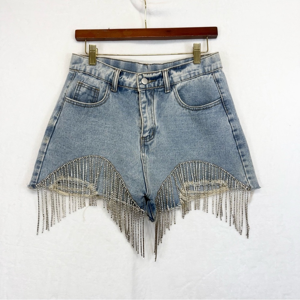 Savanna Jane Blue Silver Jean Shorts with Fringe